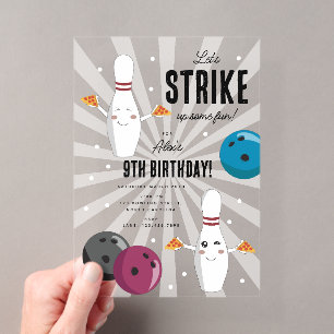 Bowling Pizza macht Spaß Kindergeburtstag Acryleinladungen