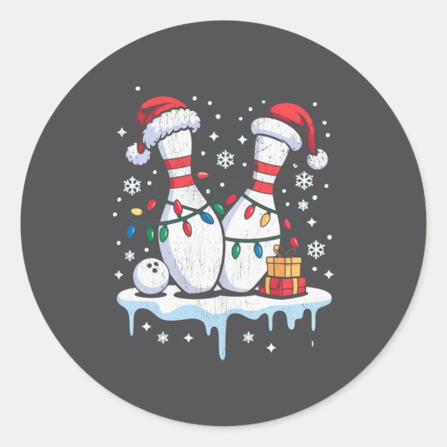 Bowling Santa Hat Funny Christmas Long Sleeve  Runder Aufkleber (Vorderseite)