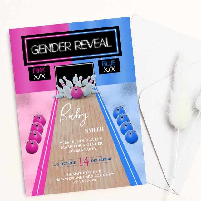 Bowling Sport Blue and Pink Gender Reveal Party Einladung (Von Creator hochgeladen)