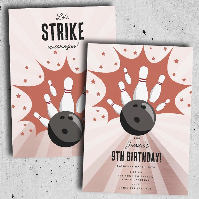 Bowling Strike Up Some Fun Birthday Rose Gold Girl Einladung (Bowling Strike Up Some Fun Birthday Rose Gold Girl Invitation)