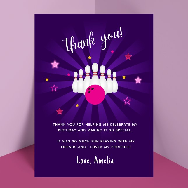 Bowling Themed Birthday Party Pink Lila Stars Dankeskarte (Von Creator hochgeladen)