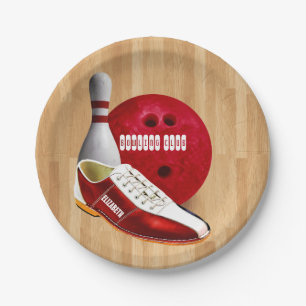 Bowlings-Ball-Schuh und Button mit Ihrem Pappteller