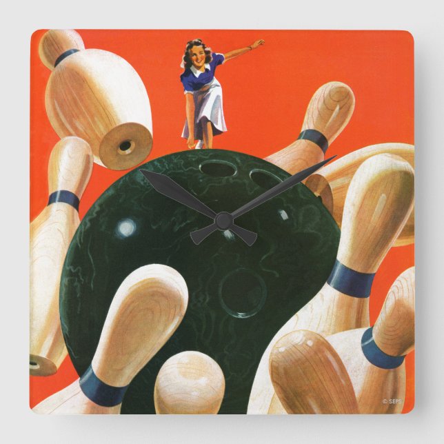 Bowlings-Streik Quadratische Wanduhr (Vorderseite)