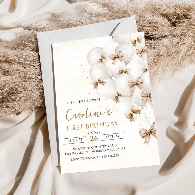 Bows Beige Balloons Anniversaire Invitation (Créateur téléchargé)