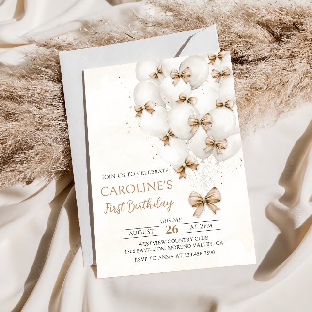 Bows Beige Balloons Anniversaire Invitation (Créateur téléchargé)