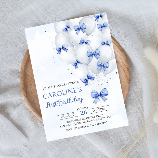 Bows Bleus Balloons Anniversaire Invitation (Créateur téléchargé)