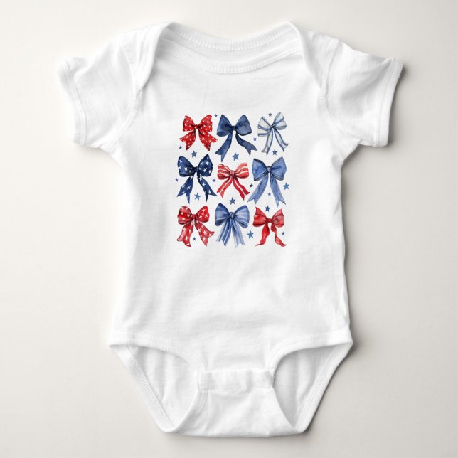 Bows mit rotem weißem und blauem Coquette Baby Strampler (Vorderseite)