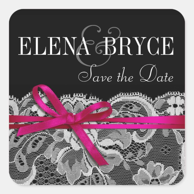 Bows Ribbon & Lace | Schwarzer Fuschia Quadratischer Aufkleber (Vorderseite)