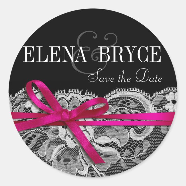 Bows Ribbon & Lace | Schwarzer Fuschia Runder Aufkleber (Vorderseite)
