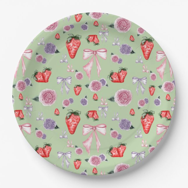 Bows, Rose und Erdbeeren Coquette-Muster Pappteller (Vorderseite)
