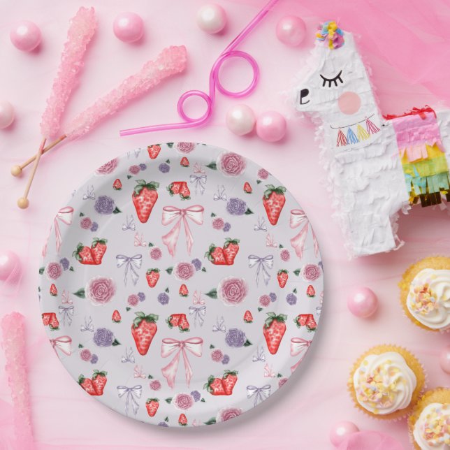 Bows, Rose und Erdbeeren Coquette-Muster Pappteller (Party)
