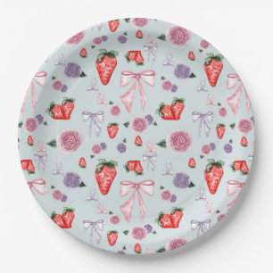 Bows, Rose und Erdbeeren Coquette-Muster Pappteller
