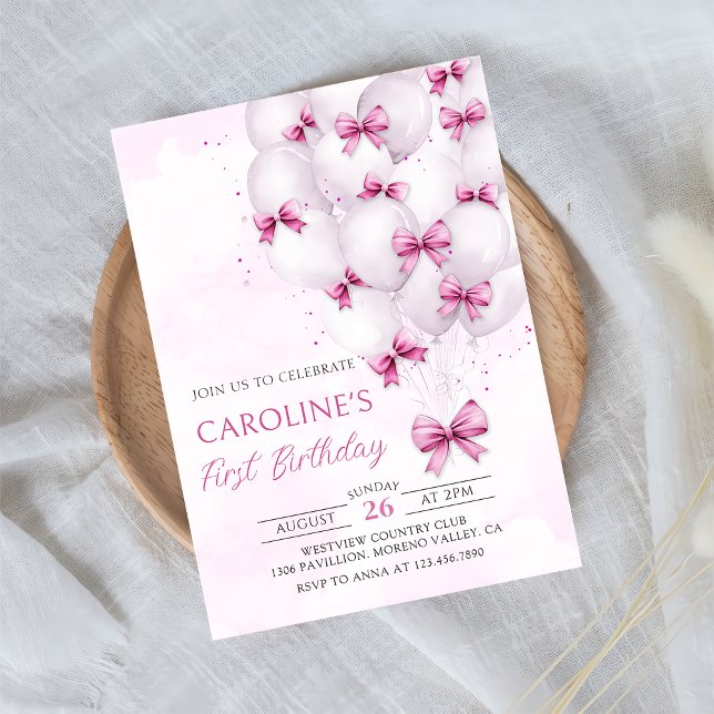 Bows roses Ballons Fille Invitation Anniversaire (Créateur téléchargé)