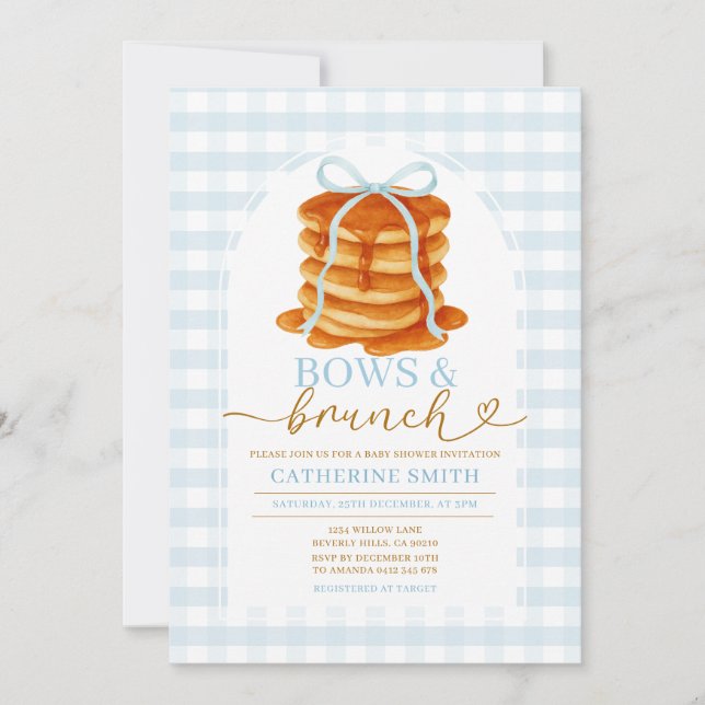 Bows und Brunch Pancake Blue Baby Dusche Gingham Einladung (Vorderseite)
