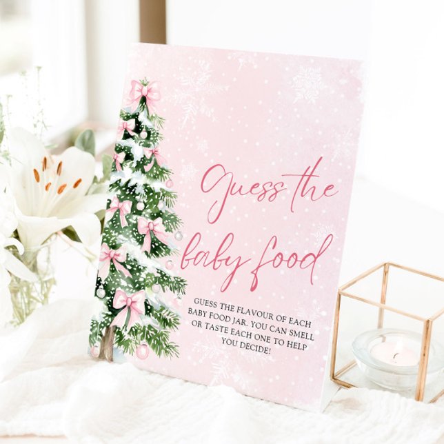 Bows Weihnachten Ratet die Baby Food Baby Dusche Sockelschild (Pink Bows Christmas Guess the Baby Food Baby Shower Sign)