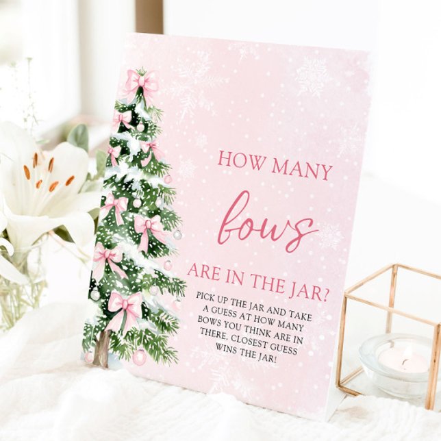 Bows Weihnachten schätzen, wie viele Bows Baby-Dus Sockelschild (Pink Bows Christmas Guess How Many Bows Baby Shower Sign)