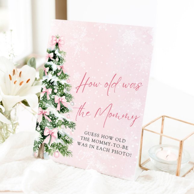 Bows Weihnachtsbaum wie alt war mein Spielzeichen Sockelschild (Pink Bows Christmas Tree How Old Was Mommy Game Sign)