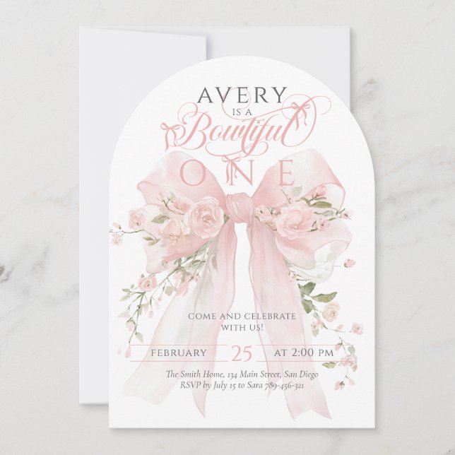 Bowtiful One 1st Birthday Floral Bow Girls Einladung (Vorderseite)