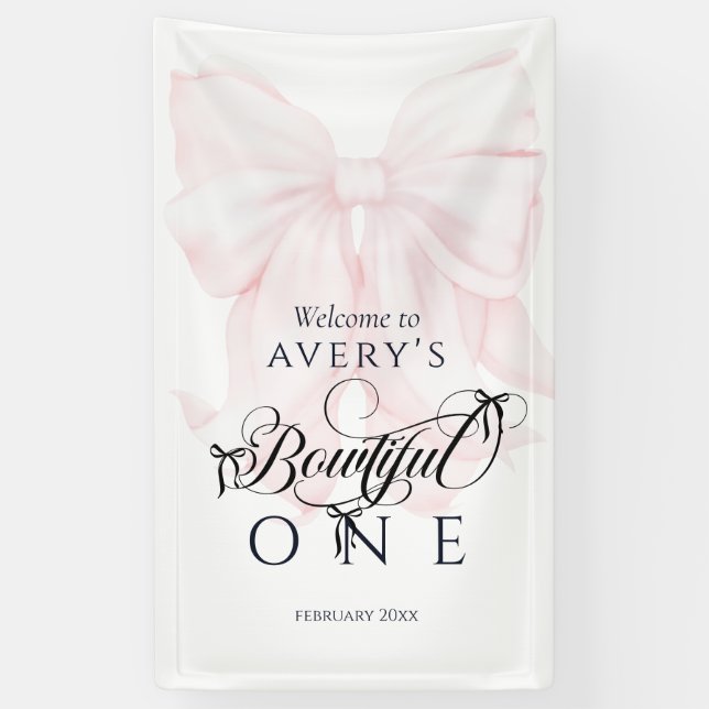 Bowtiful One 1st Birthday Pink Bow Girls Foto Banner (Vertikal)