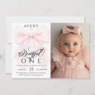 Bowtiful One Rosa Schleife Baby Mädchen 1. Geburts Einladung