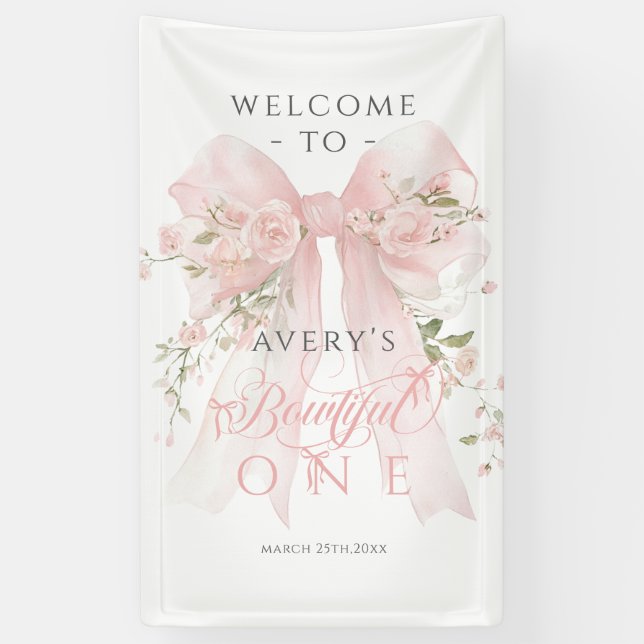 Bowtiiful One 1st Birthday Floral Bow Girls Banner (Vertikal)
