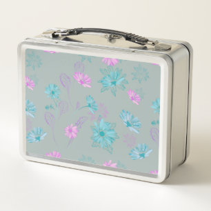 Box Boîte à lunch métallique fleurs bleu clair et rose