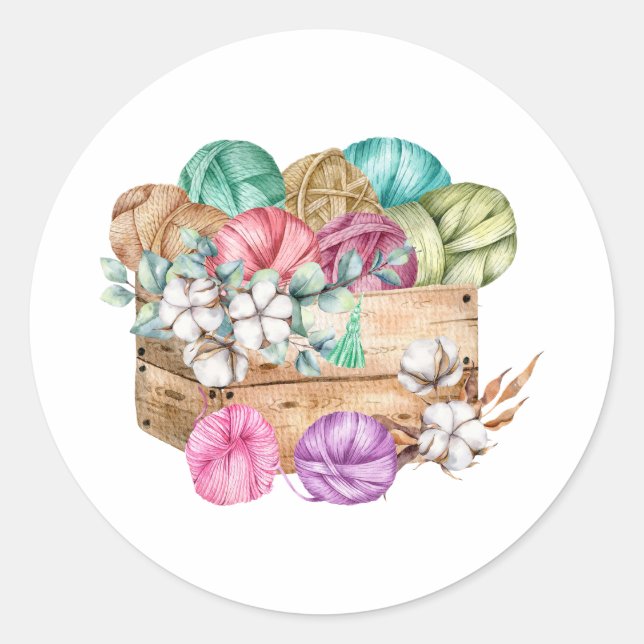 Box gefüllt mit Knittergarn und Baumwolle-Blume Runder Aufkleber (Vorderseite)