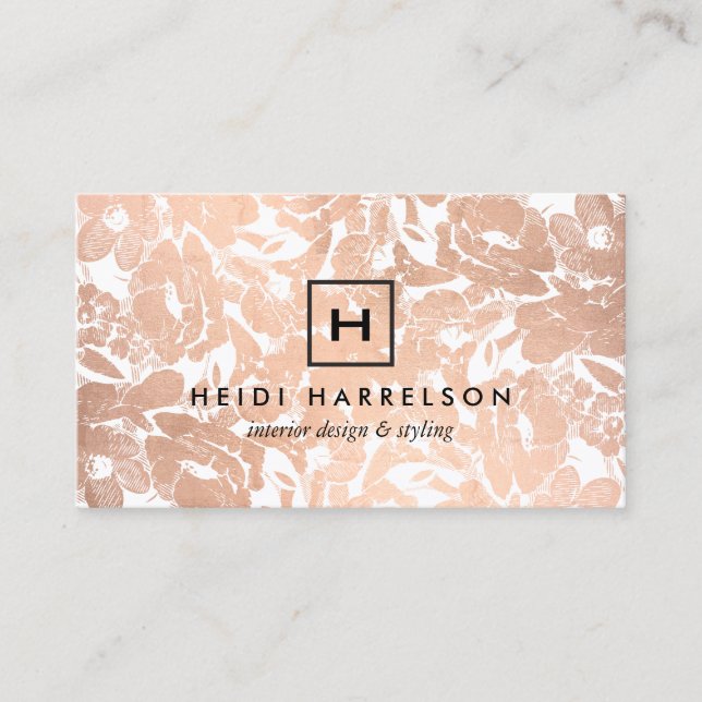 Box Logo Monogram mit Rose Gold Floral Muster Visitenkarte (Vorderseite)