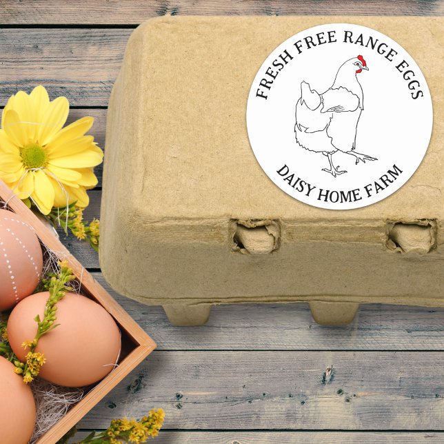 Box mit Hühnereiern, frisch Runder Aufkleber (Fresh free range chicken eggs box stickers hen simple line drawing and business name)