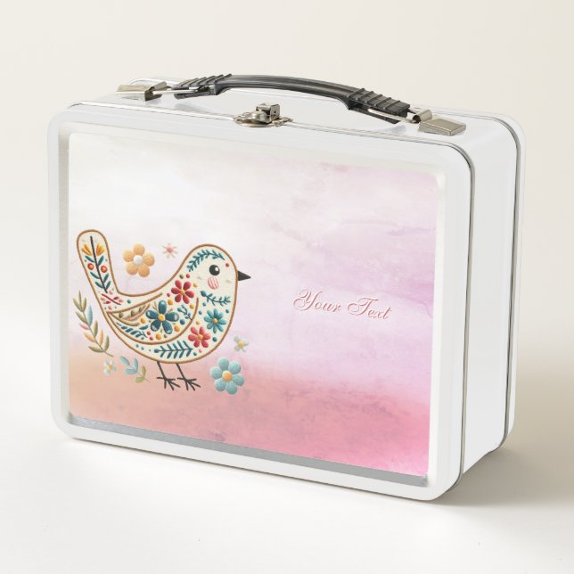 Box Petit Oiseau Floral Pink Metal Boîte à lunch (Devant)