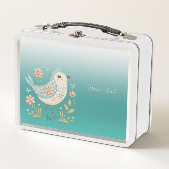 Box Petit Oiseau Floral Vert Métal Boîte à lunch (Devant)