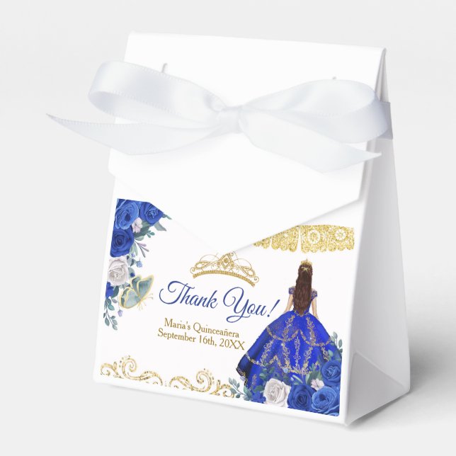 Box Quinceañera Royal Blue Flowers Gastgeschenk Geschenkschachtel (Vorderseite)