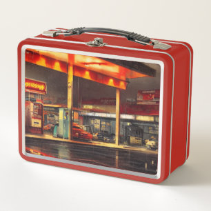 Box Station-service Lit Up 1950s Boîte à lunch en méta