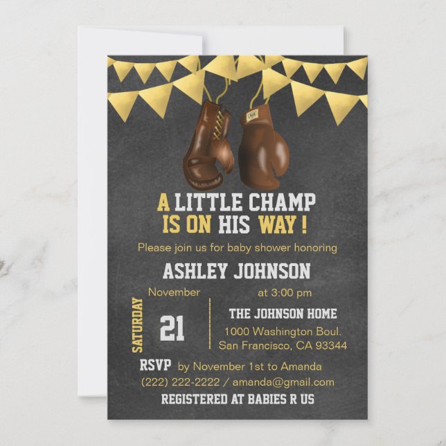Boxe Boxe Brown Gold Boxe Bébé Douche Invitations (Devant)