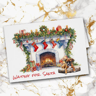 Boxe Chiot en attente sur la cheminée de Noël Père