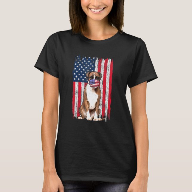 Boxer American Flag Hund trägt Gesichtsmaske 4. Ju T-Shirt (Vorderseite)