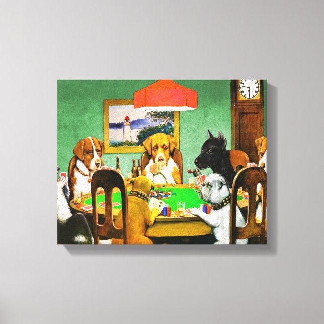 Boxer Beagle Doberman Hunde spielen Pokerkarten Leinwanddruck (Vorderseite)