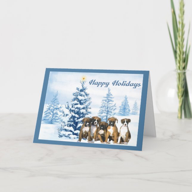 Boxer Christmas Blue Tree Grußkarte Feiertagskarte (Vorderseite)