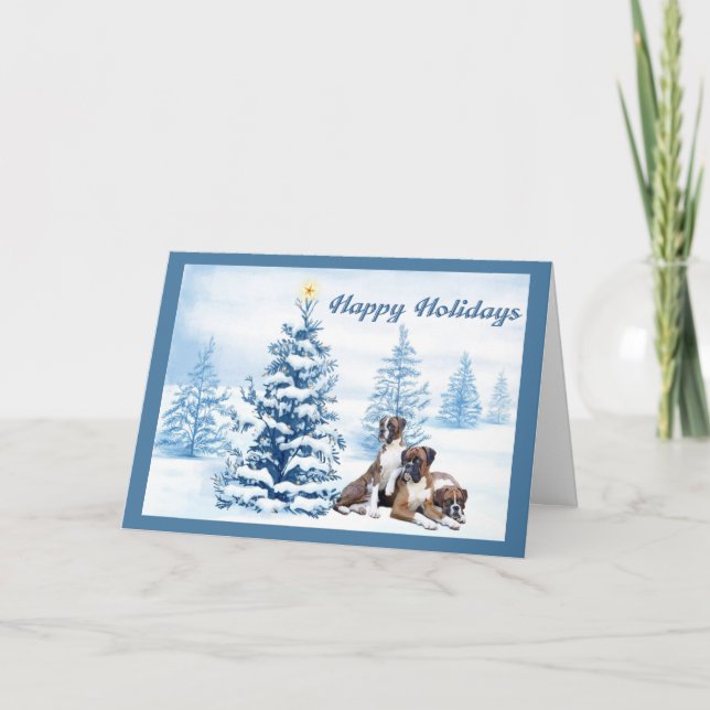 Boxer Christmas Blue Tree Grußkarte Feiertagskarte (Vorderseite)