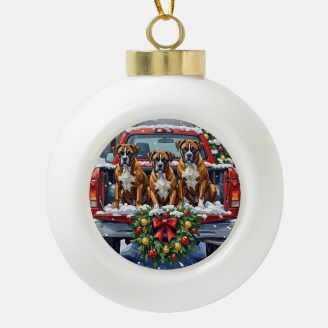 Boxer Christmas Red Truck Holiday Keramik Kugel-Ornament (Vorderseite)