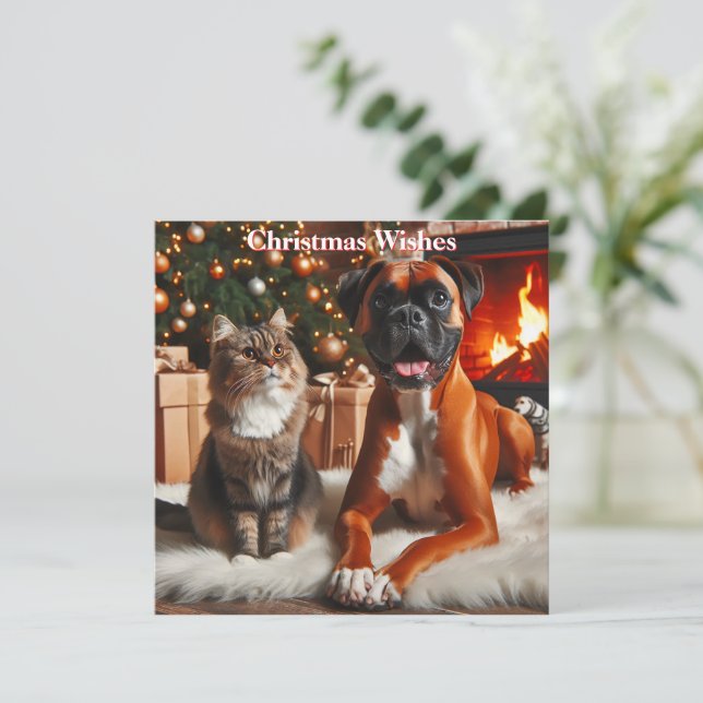 Boxer Dog and Cat Christmas Feiertagskarte (Stehend Vorderseite)