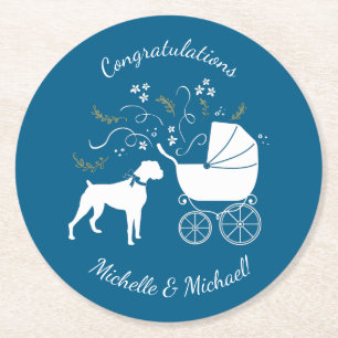 Boxer Dog Baby Shower Welpe Blue Boy Runder Pappuntersetzer