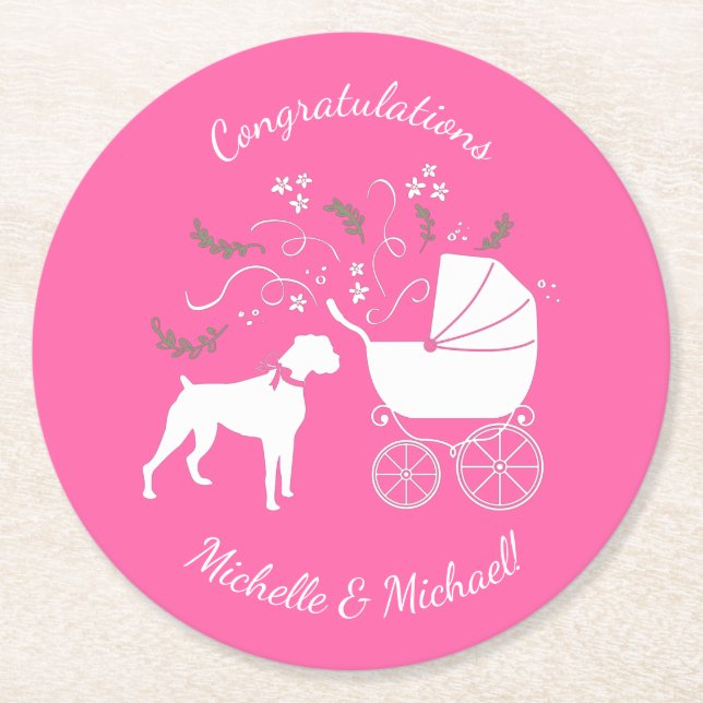 Boxer Dog Babydusche Puppy Pink Girl Runder Pappuntersetzer (Vorderseite)