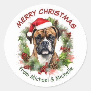 Boxer Dog Christmas Red Berry Wreath Runder Aufkleber