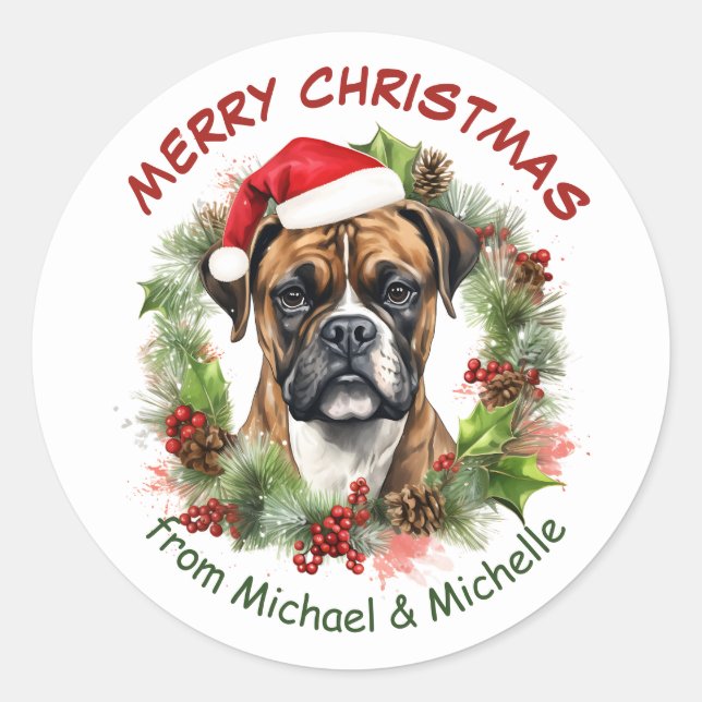 Boxer Dog Christmas Red Berry Wreath Runder Aufkleber (Vorderseite)