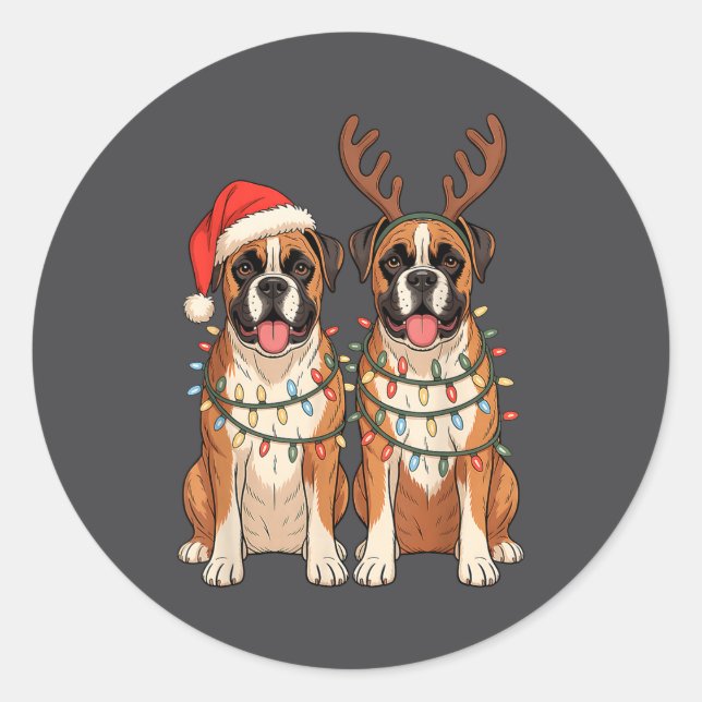Boxer Dog Christmas Santa Hat Reindeer Lights Paja Runder Aufkleber (Vorderseite)