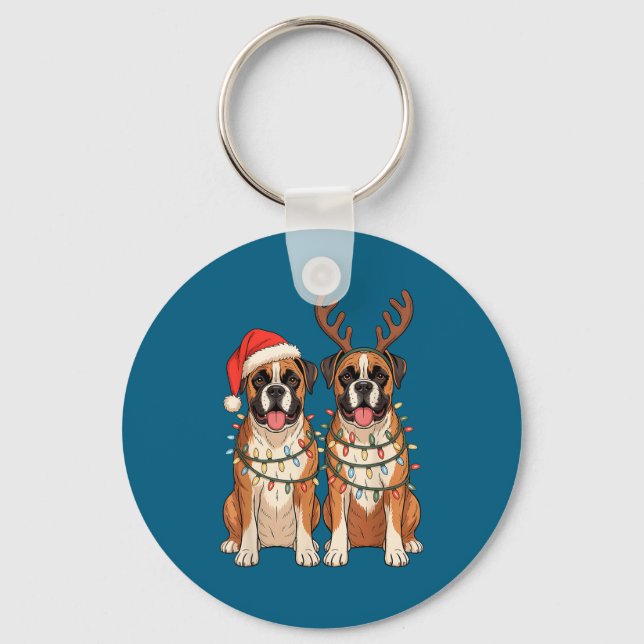 Boxer Dog Christmas Santa Hat Reindeer Lights Paja Schlüsselanhänger (Vorderseite)