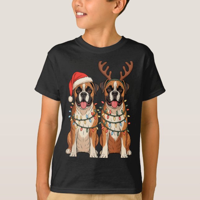 Boxer Dog Christmas Santa Hat Reindeer Lights Paja T-Shirt (Vorderseite)
