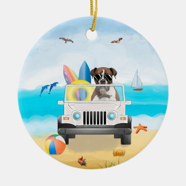 Boxer Dog Driving on Beach Keramik Ornament (Vorne)