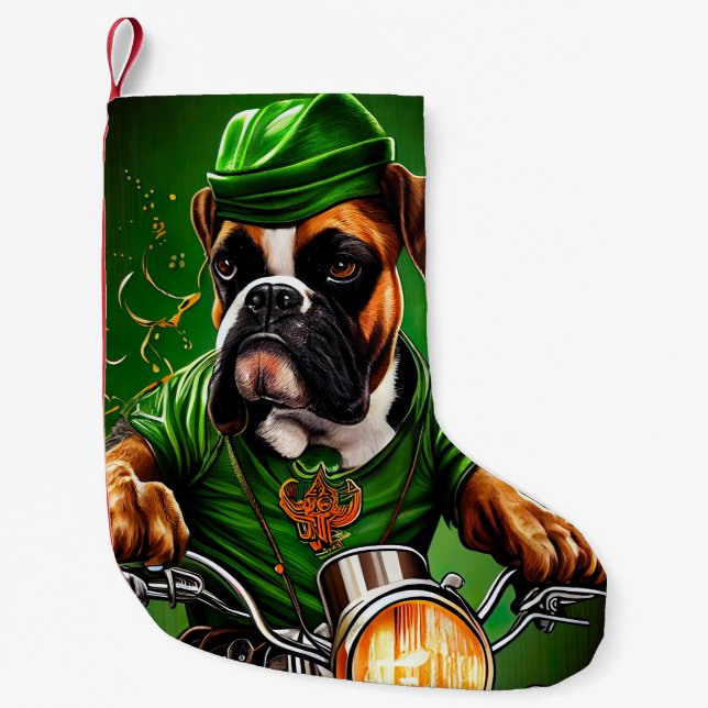 Boxer Dog Fahrrad St. Patrick's Day Kleiner Weihnachtsstrumpf (Vorderseite)